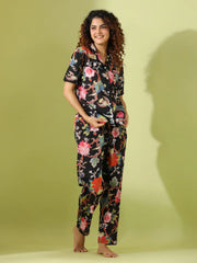 Black Cotton Printed Night Suit Set with Payjama - SanskrutiHomes 