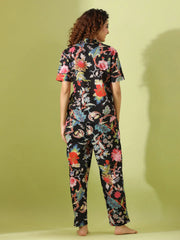 Black Cotton Printed Night Suit Set with Payjama - SanskrutiHomes 