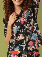 Black Cotton Printed Night Suit Set with Payjama - SanskrutiHomes 