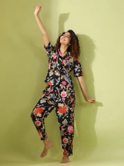 Black Cotton Printed Night Suit Set with Payjama - SanskrutiHomes 