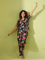 Black Cotton Printed Night Suit Set with Payjama - SanskrutiHomes 