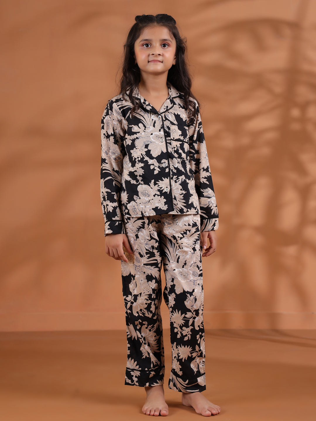 Black Floral Printed Cotton Night Suit For Kids