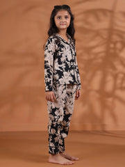 Black Floral Printed Cotton Night Suit For Kids