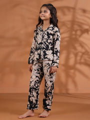 Black Floral Printed Cotton Night Suit For Kids