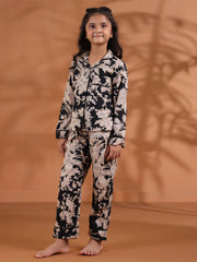 Black Floral Printed Cotton Night Suit For Kids