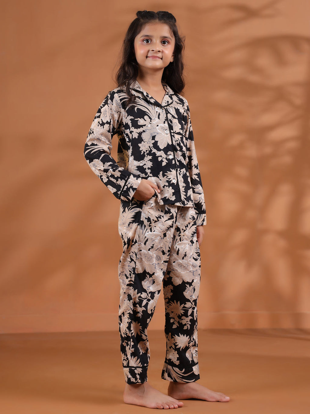 Black Floral Printed Cotton Night Suit for Kids - SanskrutiHomes 