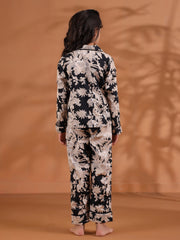 Black Floral Printed Cotton Night Suit For Kids