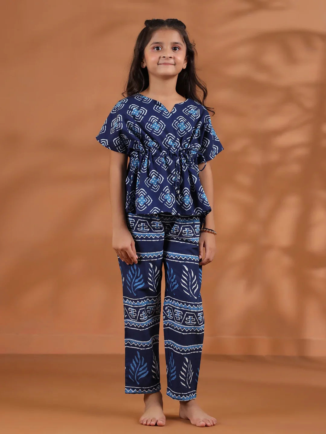 Blue Floral Printed Cotton Night Suit for Kids - SanskrutiHomes 