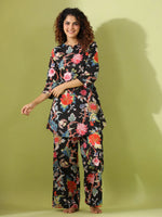 Black floral print loungewear set - SanskrutiHomes 