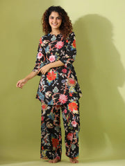 Black floral print loungewear set - SanskrutiHomes 