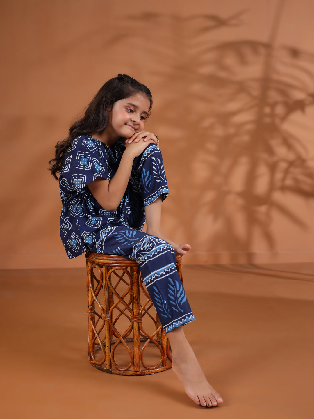 Blue Floral Printed Cotton Night Suit for Kids - SanskrutiHomes 