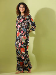 Black floral print loungewear set - SanskrutiHomes 
