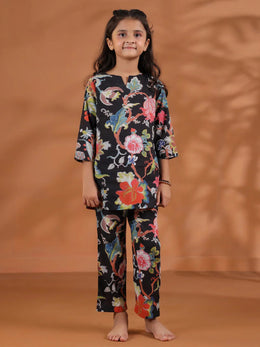 Black Flower Printed Kids Night Suit Set - SanskrutiHomes 