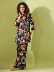 Black floral print loungewear set - SanskrutiHomes 