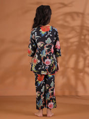 Black Flower Printed Kids Night Suit Set - SanskrutiHomes 