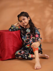 Black Flower Printed Kids Night Suit Set - SanskrutiHomes 
