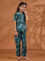 Green Round Neck Floral Printed Kids Night Suit Set - SanskrutiHomes 