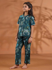 Green Round Neck Floral Printed Kids Night Suit Set - SanskrutiHomes 