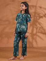 Green Round Neck Floral Printed Kids Night Suit Set - SanskrutiHomes 