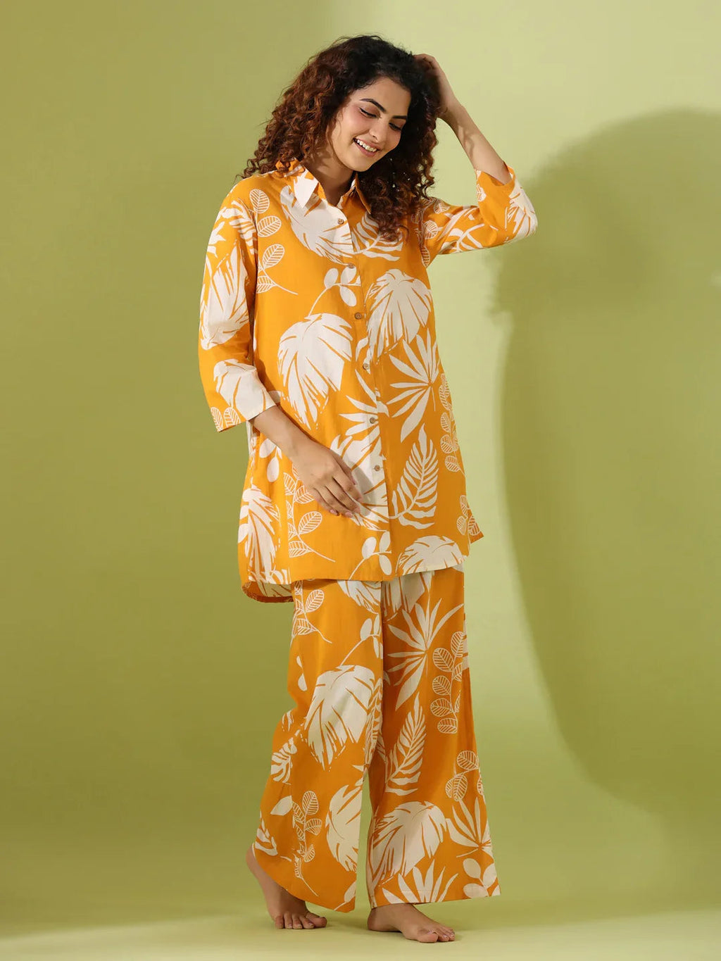 Yellow leaf Printed pure cotton co-ord set - SanskrutiHomes 
