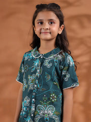 Green Round Neck Floral Printed Kids Night Suit Set - SanskrutiHomes 