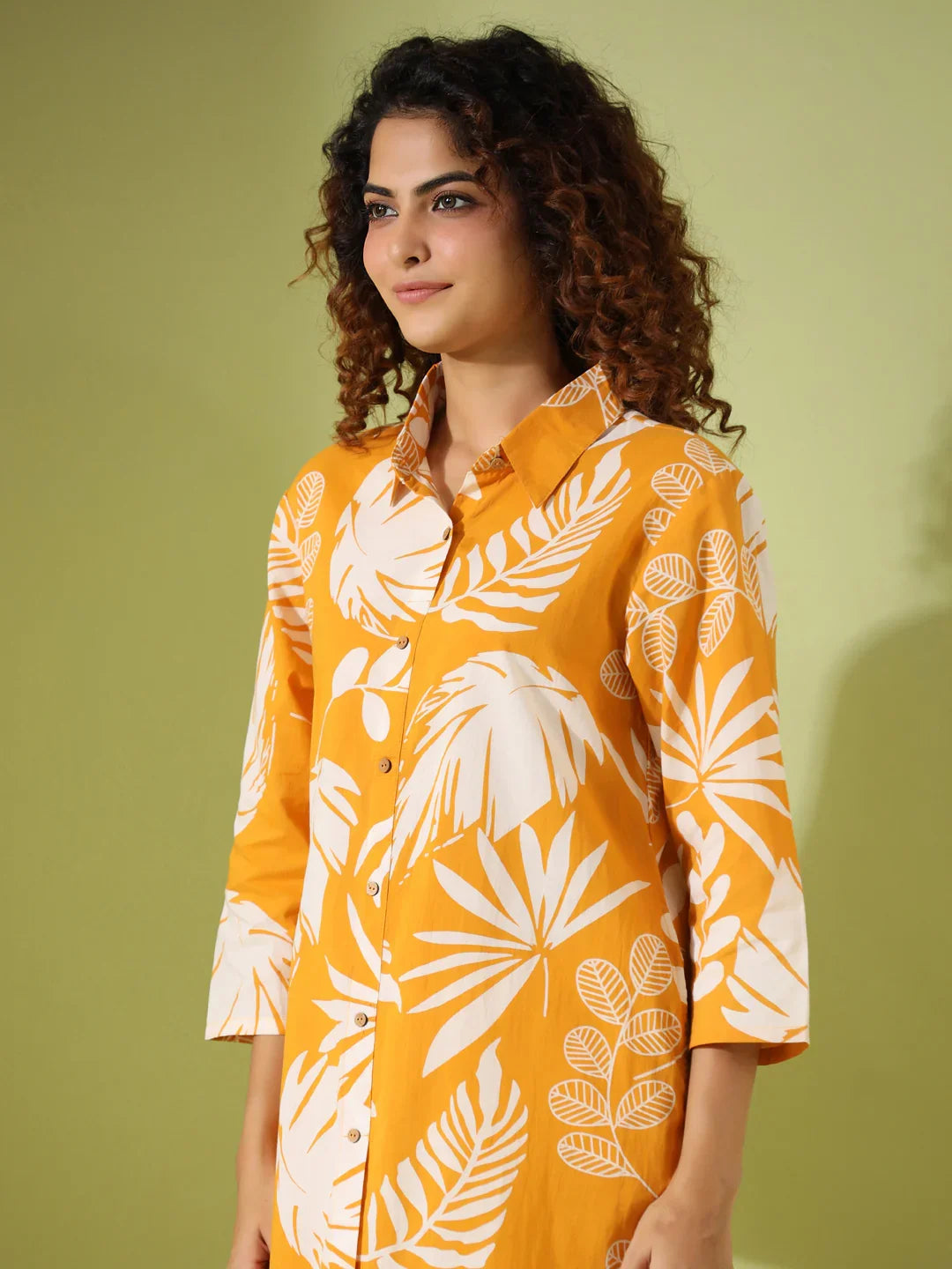 Yellow leaf Printed pure cotton co-ord set - SanskrutiHomes 