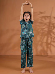 Green Round Neck Floral Printed Kids Night Suit Set - SanskrutiHomes 