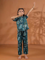 Green Round Neck Floral Printed Kids Night Suit Set - SanskrutiHomes 