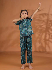 Green Round Neck Floral Printed Kids Night Suit Set - SanskrutiHomes 
