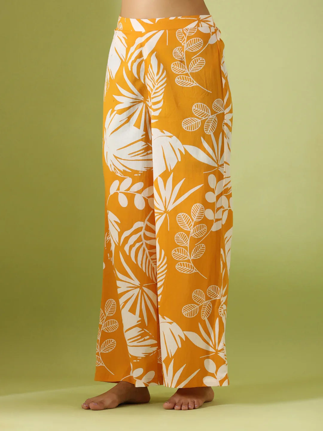 Yellow leaf Printed pure cotton co-ord set - SanskrutiHomes 
