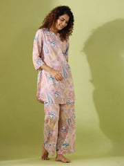 Beige Paisley print loungewear set - SanskrutiHomes 