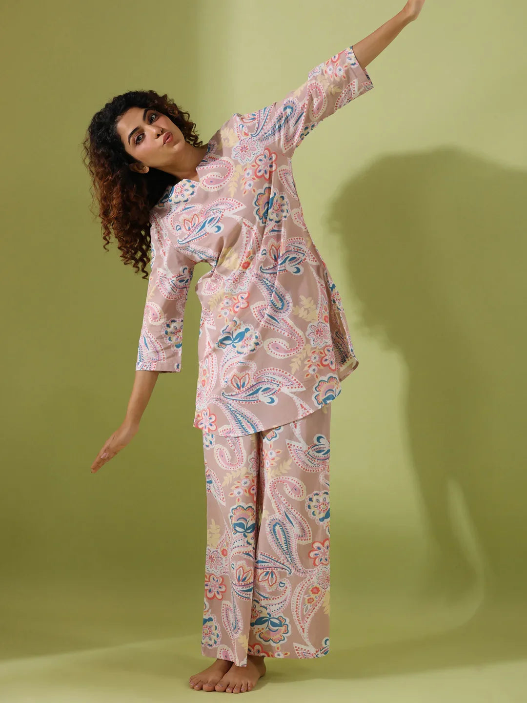 Beige Paisley print loungewear set - SanskrutiHomes 