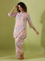 Beige Paisley print loungewear set - SanskrutiHomes 