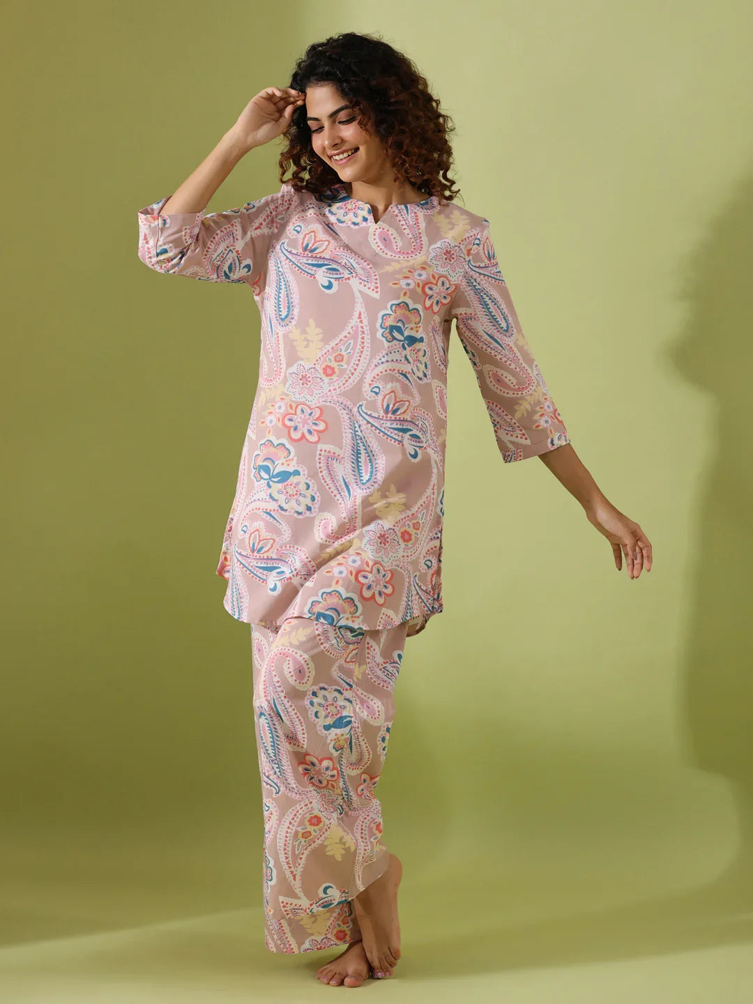 Beige Paisley print loungewear set - SanskrutiHomes 
