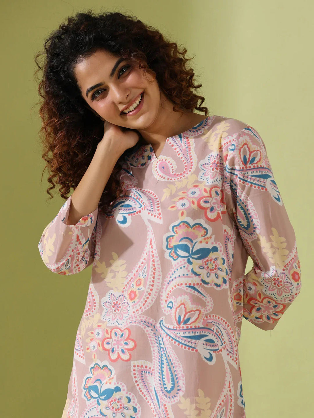 Beige Paisley print loungewear set - SanskrutiHomes 