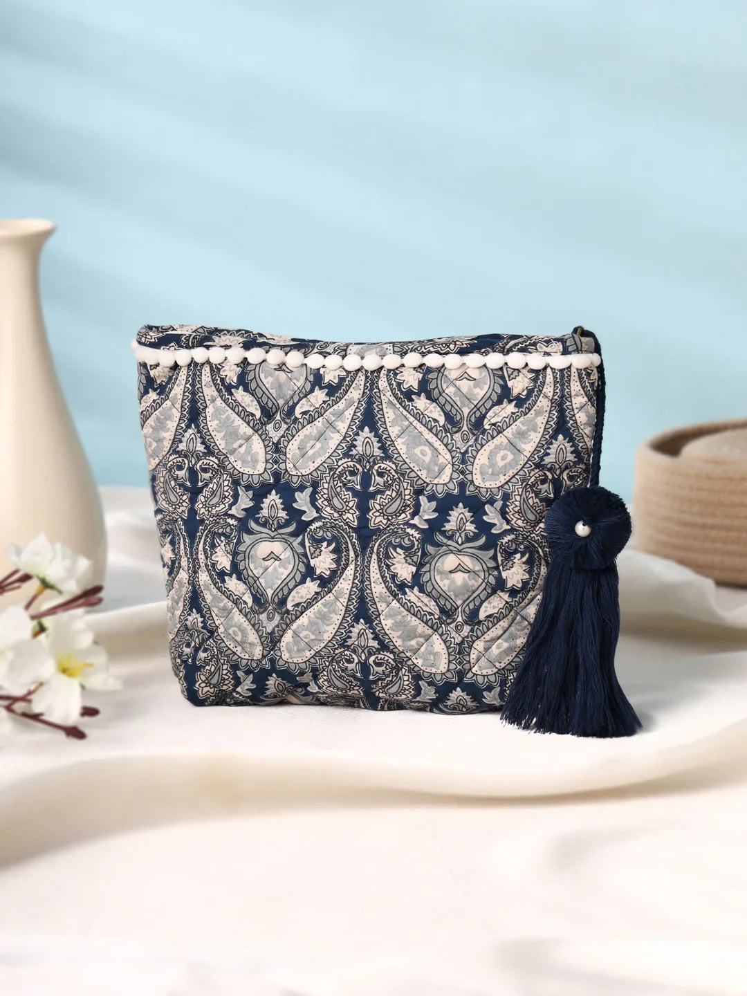 Boho Floral Cotton Pouch with Tassel - SanskrutiHomes 