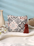 White Cotton Makeup/Travel Pouch with Tassels - SanskrutiHomes 