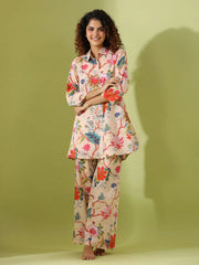 Beige Printed pure cotton co-ord set - SanskrutiHomes 