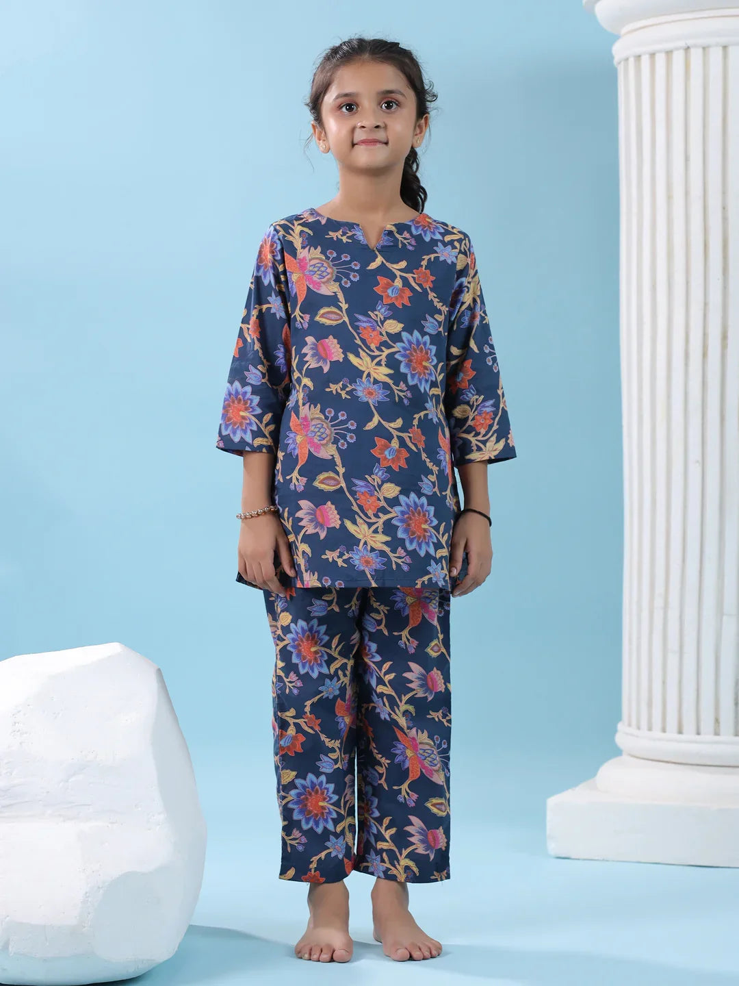 Blue Flower Printed Night Suit Set - SanskrutiHomes 