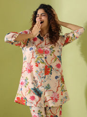 Beige Printed pure cotton co-ord set - SanskrutiHomes 