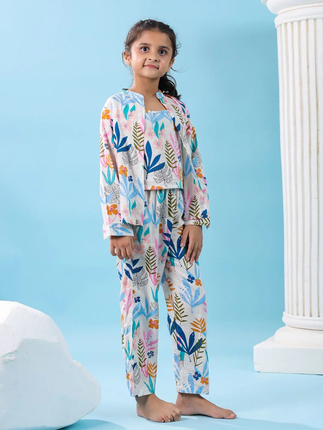Set of 3 Floral Printed Kids Night Suit - SanskrutiHomes 