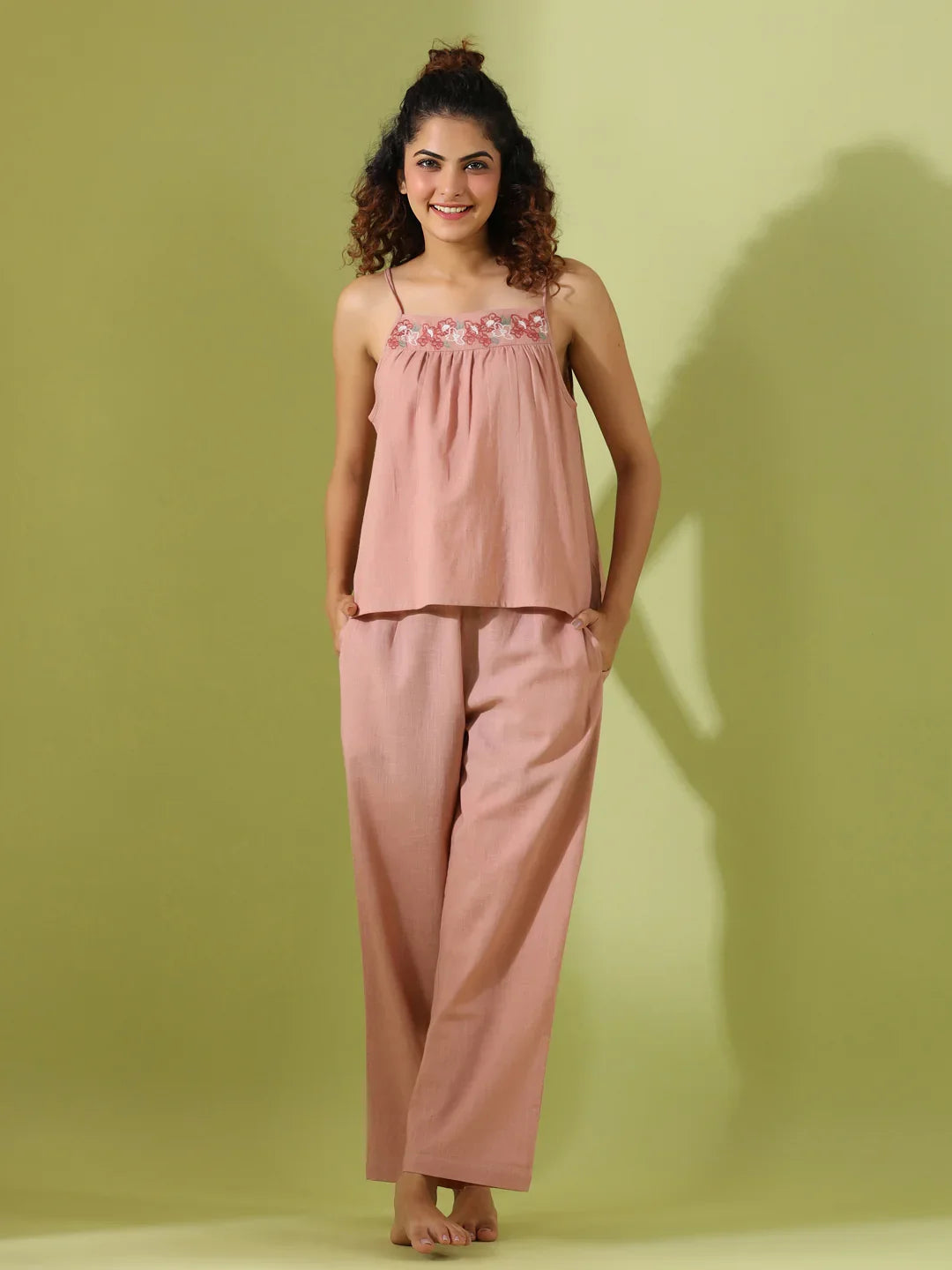 Cream Square Neck Floral Embroidred Pure Cotton Night Suit For Women