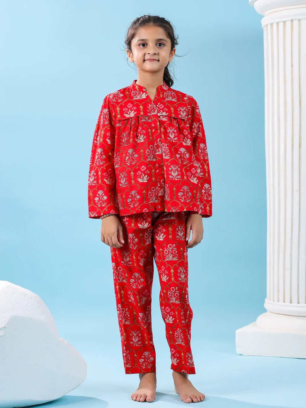 Red Floral Cotton Night Suit for Kids - SanskrutiHomes 