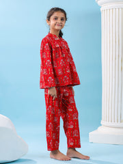 Cream Square Neck Floral Embroidred Pure Cotton Night Suit For Women