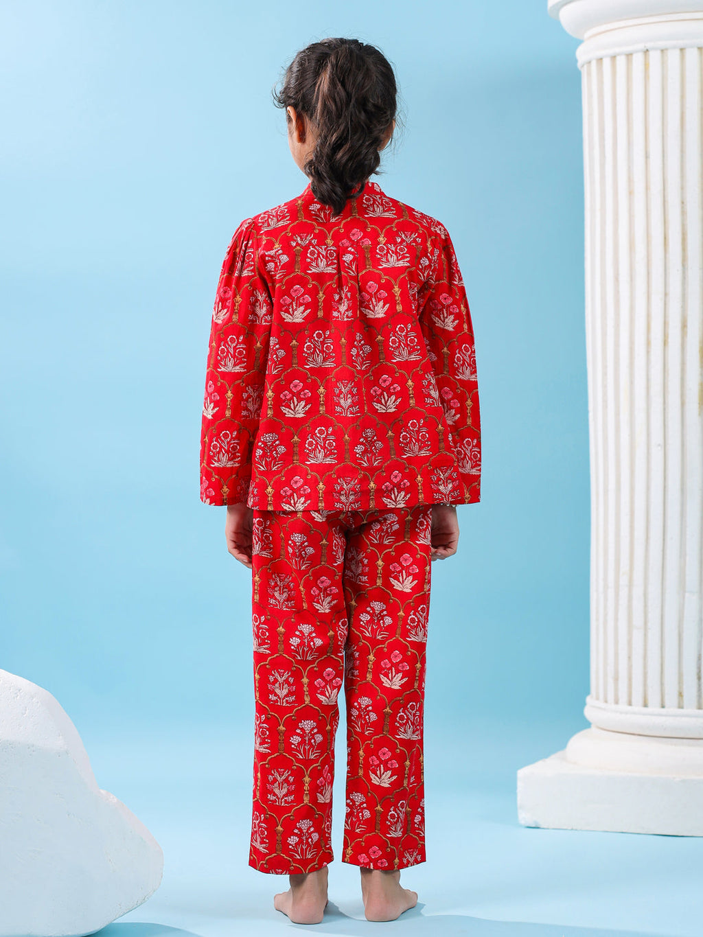 Red Floral Cotton Night Suit for Kids - SanskrutiHomes 