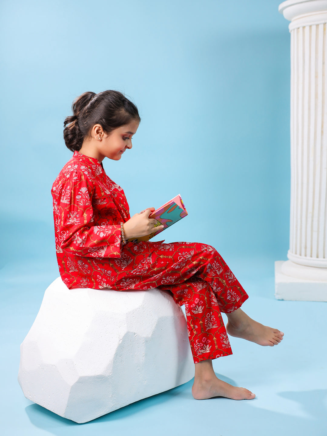 Red Floral Cotton Night Suit for Kids - SanskrutiHomes 