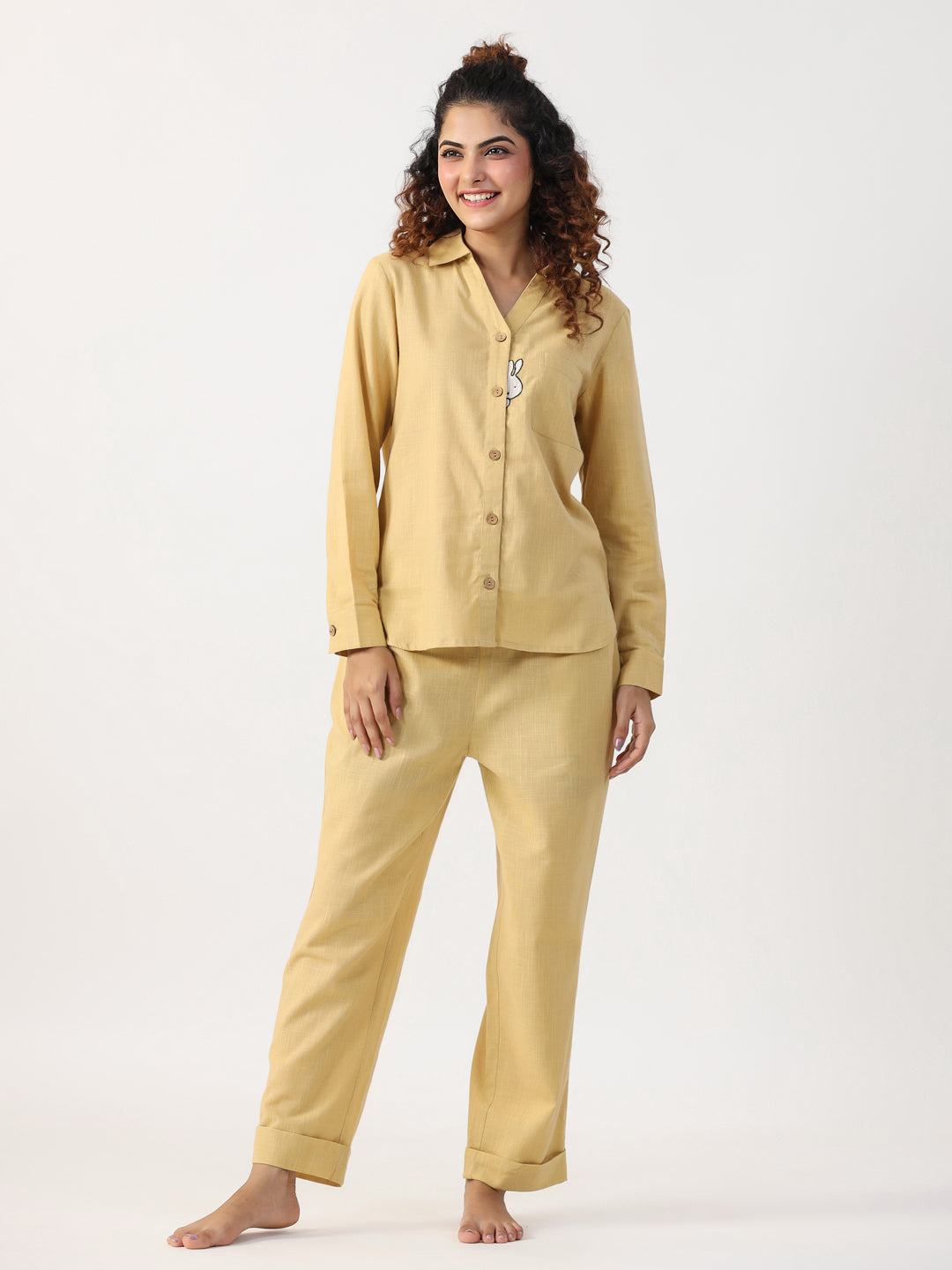 Beige Solid Shirrt  Collar Cotton Night Suit For Women