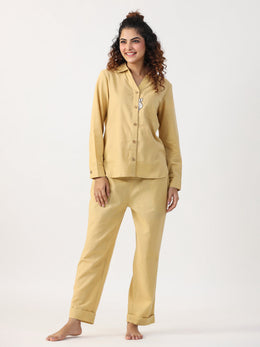 Beige Solid Shirrt  Collar Cotton Night Suit For Women