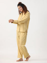 Beige Solid Shirrt  Collar Cotton Night Suit For Women