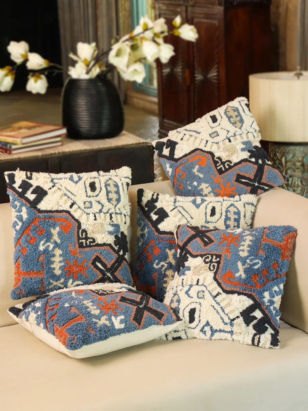Cotton Blue Colour Embroidered Cushion Covers - SanskrutiHomes 